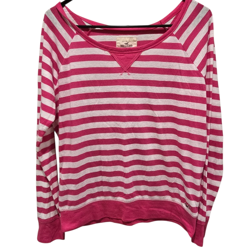 Y2K Hollister Pink And White Striped Cotton Blend Long Sleeve Tee